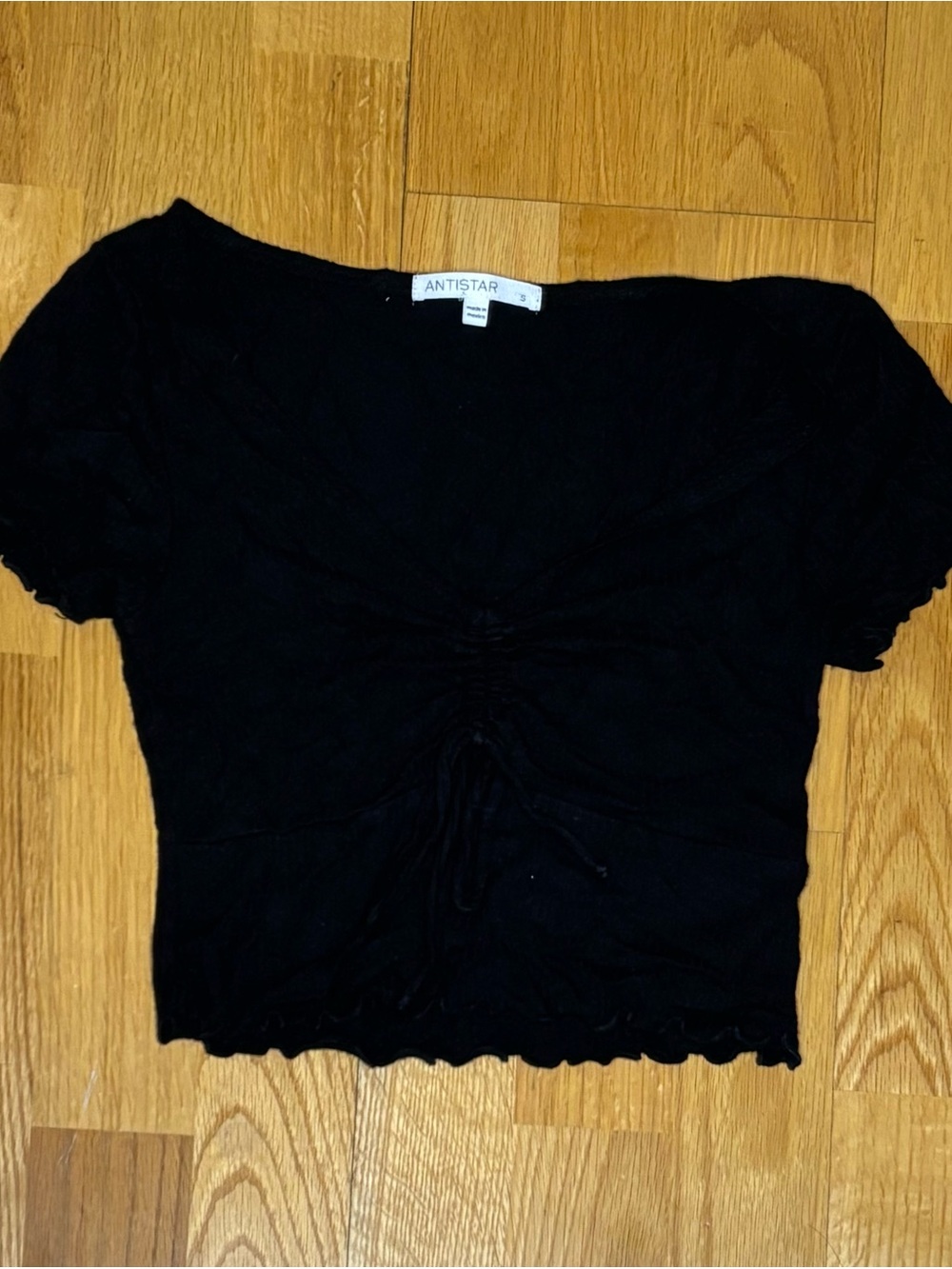 Black Ruched Short-Sleeve Crop Top Size Small